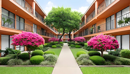 Obraz premium Lush courtyard between two apartment buildings with vibrant pink flowers and manicured landscaping