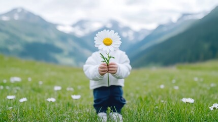A toddler holds a large daisy in front of their face. They stand in a field of smaller daisies against a mountainous backdrop. The image is bright, well-lit, and features soft focus. It has a cheer