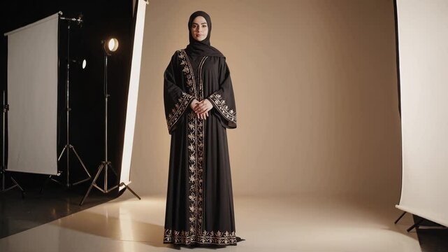 Beautiful arab middle-eastern woman with traditional abaya dress in studio - Arabic muslim adult female portrait in Dubai, United Arab Emirates