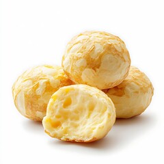 Golden cheese bread balls, a delicious snack. One is cut open to reveal a soft, cheesy inside. Food photography on a white background.