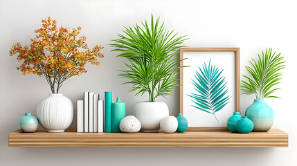 Stylish wooden shelf displays autumn branches, tropical plants, books, teal decor, and artwork