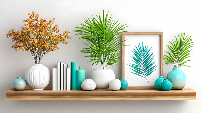 Stylish wooden shelf displays autumn branches, tropical plants, books, teal decor, and artwork