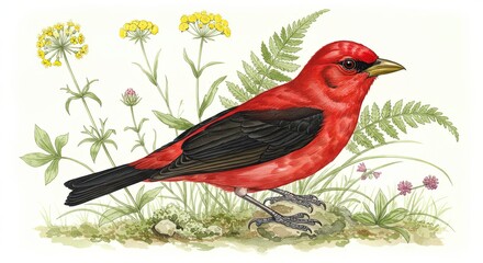 Scarlet Tanager Perched Bird Illustration Among Flowers and Ferns Watercolor Detail