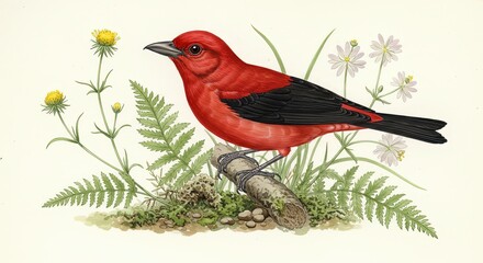 Scarlet Tanager Bird Perched on Branch Detailed Botanical Illustration Vintage Art