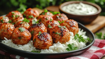 Grilled chicken meatballs served on a bed of white rice with a side of creamy sauce.