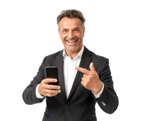 Successful businessman using smartphone for digital promotion, isolated on transparent background