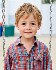 Happy toddler boy on swing set, smiling at camera