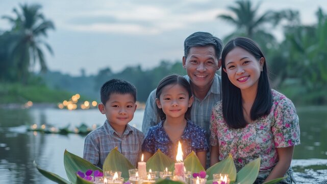 Northern Thailand family with children celebrating Loy Krathong with sky lanterns