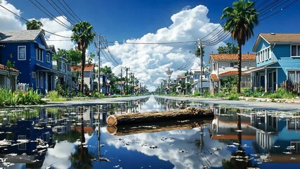 Flooded street, colorful houses, tropical background, tranquil scene, possible use in real estate, travel, or environmental articles