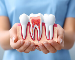 Dental professional's hands holding a tooth model showing root canal procedure