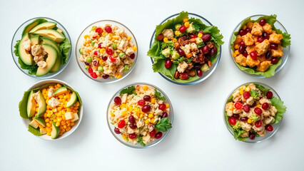 A vibrant assortment of seven bowls filled with delicious, colorful salads arranged on a clean white surface, showcasing healthy eating.