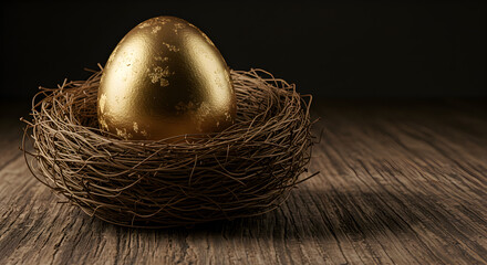 Glimmering Golden Egg Resting Securely in a Rustic Nest on Wooden Surface in Soft Lighting