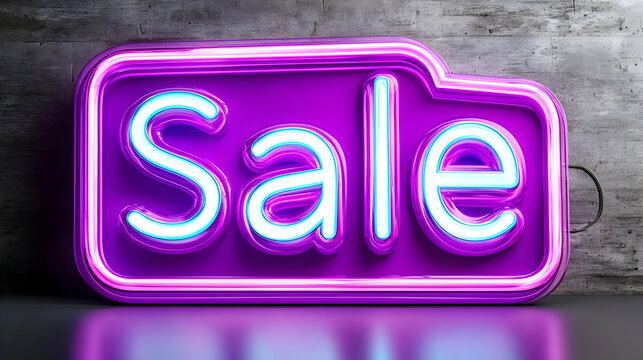 Glowing purple neon "Sale" sign against a concrete wall