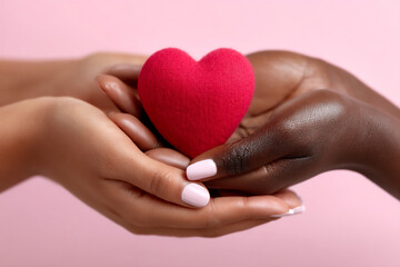 Obraz premium p: a flat vector illustration of two hands, one offering a red heart to the other