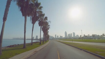 Coastal Road with Palm Trees and City Skyline