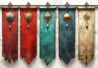 Set of three medieval heraldic banners with gold ornaments in red blue green textures on white background