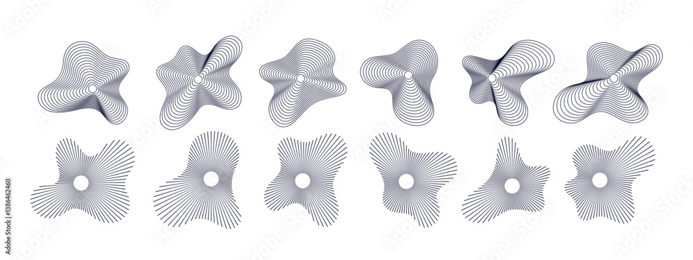 Aufkleber Sound Line Wave Circular Shapes. Abstract Music Vector Ripple Icons with Circle Line Pattern. Soundwave Radial Audio Effect.