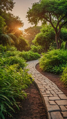 Curved pathway through lush greenery at sunset in a peaceful park.