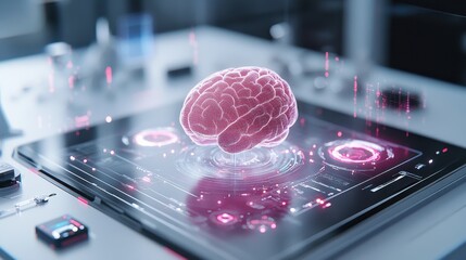 Exploration of advanced technology showcasing a glowing brain model surrounded by digital interfaces and data displays in a futuristic lab environment