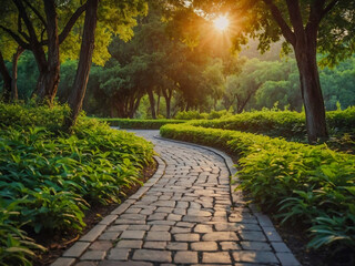 Curved pathway through lush greenery at sunset in a peaceful park.