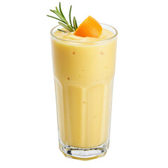 Citrus smoothie with orange slice and rosemary garnish.