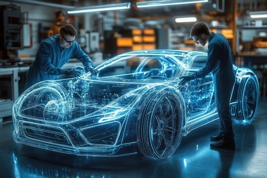 Engineers Collaborating on Holographic Car Prototype in a Futuristic Design Studio with Advanced Technology