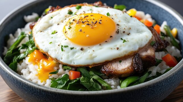 A perfectly fried egg sits atop a bowl of rice, greens, and savory meat. The composition is balanced, showcasing the vibrant colors of the ingredients. The photo is high-quality, with sharp focus an