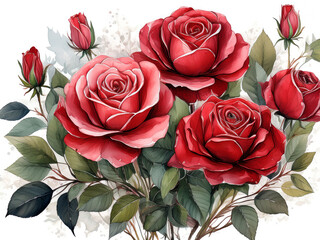 Red Roses, Watercolor Illustration With White Background