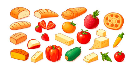 Vibrant cartoon illustration featuring an assortment of fresh produce, cheeses, and breads on a clean, white background. Perfect for health content.