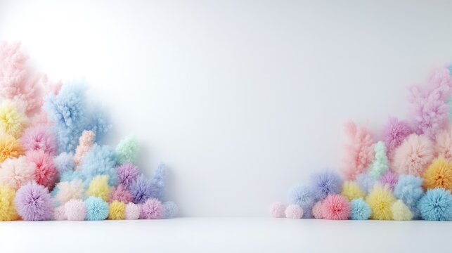 Fototapeta Pastel pom-poms and fluffy plants adorn a white background. They are arranged in two clusters, mirroring each other. The image is digitally rendered, with high resolution and soft lighting. Its styl