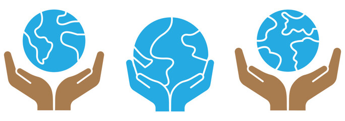 World Environment Conservation Line and Silhouette Icon Set. Hand Hold Planet Earth Pictogram. Human Protect Environmental Nature Symbol. design eps 10 