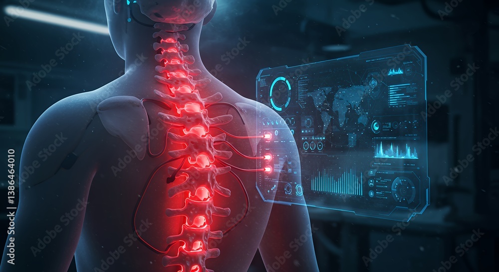 Poster medical technology displaying spinal cord data with futuristic interface for healthcare analysis and