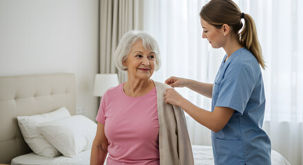 Caregiver Assists Senior Woman with Cardigan in Bright Bedroom Interior Home Care Support and Well Being