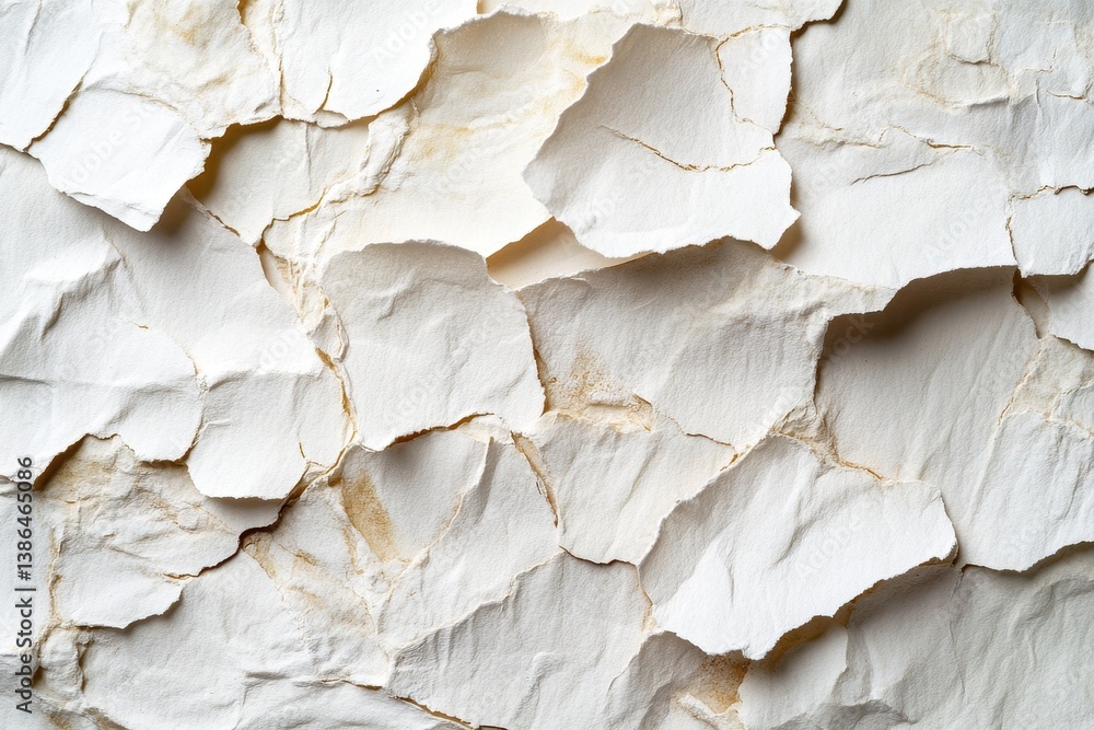 Poster Textured handmade paper torn along the edge resting on a smooth white surface, showcasing natural fibers and imperfections in a soft light setting