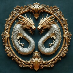 Medieval Heraldic Emblem with Golden Dragons in Baroque Style