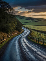 Curvy country road through the British countryside, illuminated by headlights.