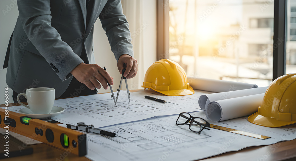Poster architect inspecting blueprints with yellow hard hats and drafting tools under sunlit window in mode