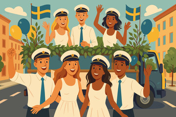 Joyful Swedish students celebrating graduation on a decorated truck, wearing traditional student caps – a festive summer tradition in Sweden