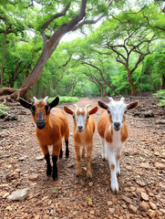 Three young goats stand on a dirt path, framed by lush green trees