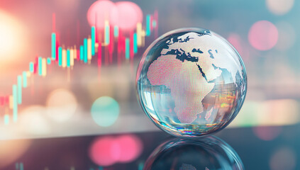 Above and to the right is a glass sphere within which an abstract stock chart is located, symbolizing economic trends and global markets.