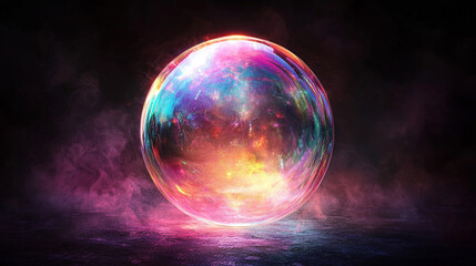 Glowing crystal ball on dark smoky floor. Fantasy, magic, mystery