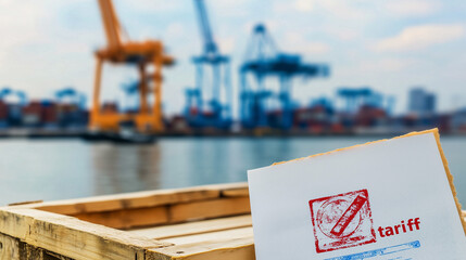 Customs document with red tariff stamp on wooden crate, international shipping, import export logistics and freight transportation concept.