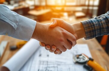 Architects Handshake Over Blueprints in Construction Site Teamwork Business Meeting
