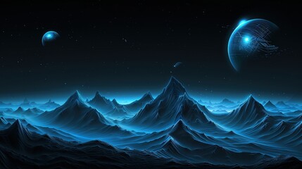 Obraz premium A stunning cosmic landscape featuring glowing blue mountain peaks under a starry sky, with distant planets visible, evoking a sense of wonder and exploration in a serene extraterrestrial environment