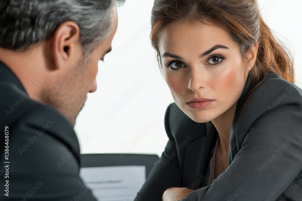 Poster Serious discussion between two professionals in a modern office setting during the daytime with focused expressions on their faces