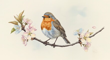 Robin Bird Perched on Blossoming Branch Spring Watercolor Illustration