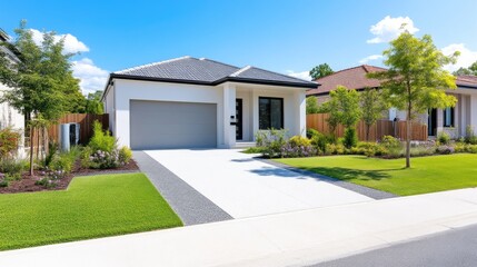 A modern, white house with a gray garage door and manicured lawn is shown. Neighboring houses and landscaping are visible. The image is high-quality with bright, natural lighting. The style is contem