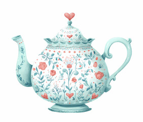 A blue and white teapot with a heart on top
