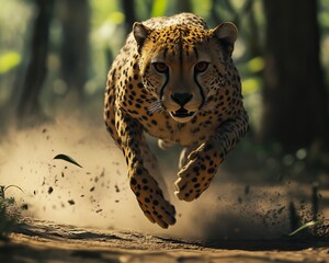Photorealistic image of a cheetah running at full speed cinematic grading high detail 8k resolution proportionate anatomy