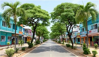 Lush, tree-lined street with colorful buildings and shops